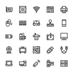 25 set of outline web hardware icons such as cpu, mouse, low battery, webcam, laptop vector thin icons for report, presentation, diagram, web design, mobile app