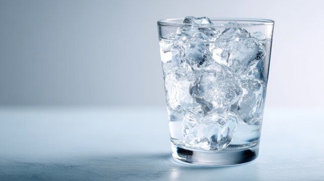 Clear glass filled with ice cubes and water on a light background