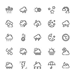 Fototapeta premium 25 set of outline web weather icons such as wind, cloudy day, slight rain, raindrops, rainy vector thin icons for report, presentation, diagram, web design, mobile app