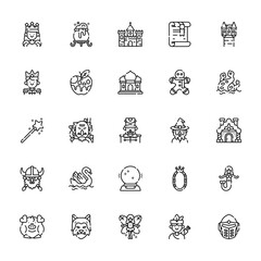 25 set of outline web fairytale icons such as cauldron, king, magic wand, dwarf, pig vector thin icons for report, presentation, diagram, web design, mobile app