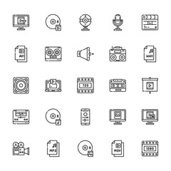 25 set of outline web audio and video icons such as cd, video, speaker, audio editor, camera vector thin icons for report, presentation, diagram, web design, mobile app