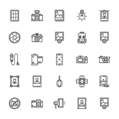 25 set of outline web photography icons such as camera, lens, cable, frame, no photo vector thin icons for report, presentation, diagram, web design, mobile app