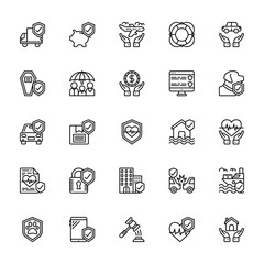 25 set of outline web insurance icons such as savings, funeral, car insurance, life insurance, pet vector thin icons for report, presentation, diagram, web design, mobile app