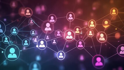 Abstract Network Of Connected People Icons In Purple And Blue With Bright Light Overlay - Powered by Adobe