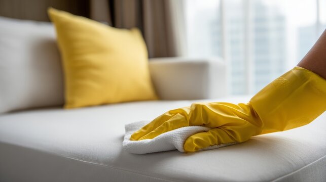 Cleaning a sofa with a yellow glove in a modern living room during the daytime