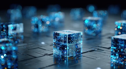 Glowing blue cubes on metallic surface, depth of field