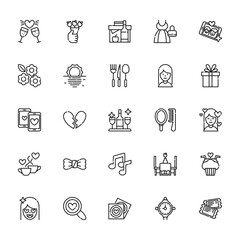25 set of outline web date night icons such as bouquet, flowers, meeting, coffee, girl vector thin icons for report, presentation, diagram, web design, mobile app