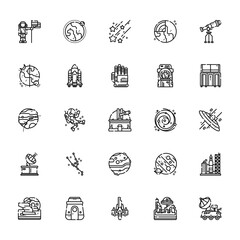 25 set of outline web space icons such as earth, day and night, eclipse, satellite dish, planet vector thin icons for report, presentation, diagram, web design, mobile app
