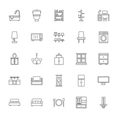 25 set of outline web furniture icons such as toilet, lamp, dressing table, kitchen cabinet, double bed vector thin icons for report, presentation, diagram, web design, mobile app