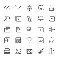 25 set of outline web essentials icons such as filter, friends, cabinet, knob, layers vector thin icons for report, presentation, diagram, web design, mobile app