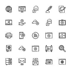 25 set of outline web news journal icons such as monitor, laptop, printer, book, notebook vector thin icons for report, presentation, diagram, web design, mobile app