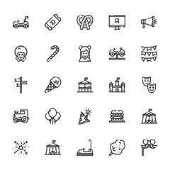 25 set of outline web fair icons such as ticket, clown,  , train, fireworks vector thin icons for report, presentation, diagram, web design, mobile app