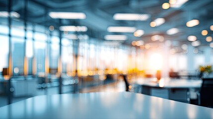 Blurry, bright, modern office interior with glass and workspace