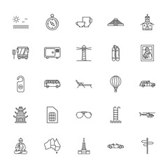 25 set of outline web travelling icons such as compass pointing, bus front view with, dont disturb, chinese temple, sitting buddha vector thin icons for report, presentation, diagram, web design,