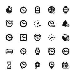 25 set of outline web watches icons such as circular clock with clockwise arrow around, alarm clock, watch, digital rectangular clock, sand vector thin icons for report, presentation, diagram, web