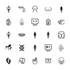 25 set of outline web collection. thin line icons such as small syringe with large droplet of fluid, hand showing palm, male, sperms, human footprints vector thin icons for report, presentation,