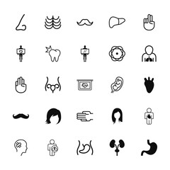 25 set of outline web body parts icons such as ribs lines, standing man holding a large intestines image, hunger games hand gesture, mustache curled tip variant, male head vector thin icons for