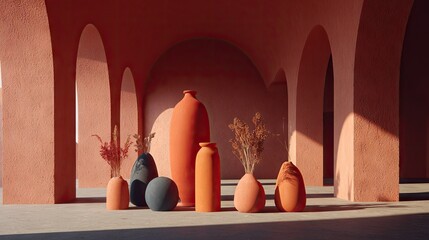Decorative terracotta pots arranged in an archway.