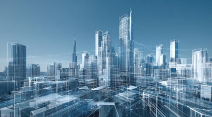 Futuristic city's wireframe design, skyscrapers reaching clear blue sky