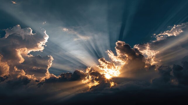 Beautiful sunrays breaking through clouds at sunset over the horizon in a vibrant sky - Powered by Adobe
