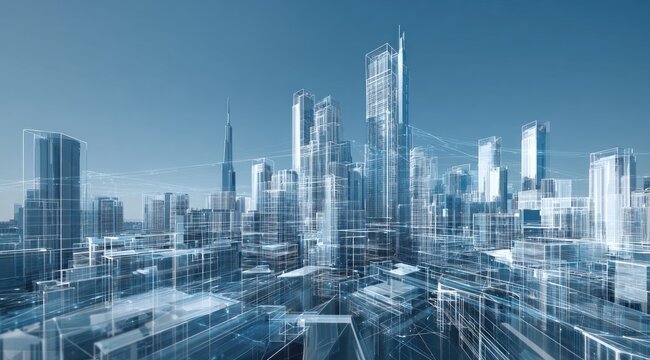 Futuristic city's wireframe design, skyscrapers reaching clear blue sky