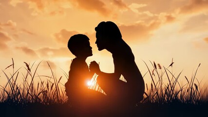 Unwavering Bond: A tender silhouette of a mother and child sharing an intimate moment at sunset, a timeless scene that portrays love, security, and the beauty of family bonds.