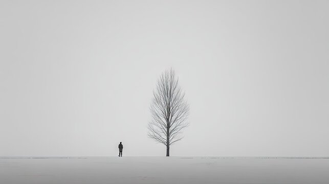 Solitary figure stands before a bare tree on a snow-covered plain.