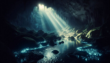 A mystical cave illuminated by soft beams of light, creating a serene and tranquil atmosphere. The light shines through an underground river with sparkling blue accents and natural beauty.