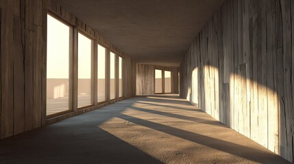Empty interior space with wooden walls and large windows.