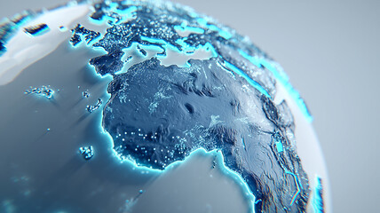 Digital relief globe with connected points, illustrating global analytics, trade routes and technological connectivity.
