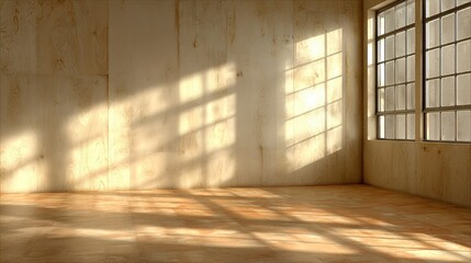 Sunlight streams through a corner window, casting shadows on a light wood-paneled room.