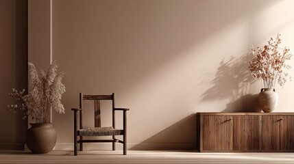 Muted tones room with wooden furniture and dried flowers.