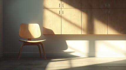 Light streams into a room with a wooden chair.