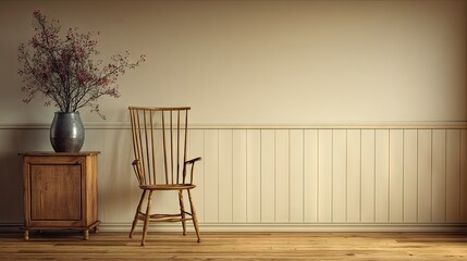 Wooden chair and cabinet in a room with light beige paneling.
