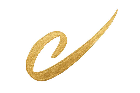 Golden paint brush stroke forming an abstract swirl with glistening texture, isolated on transparent background