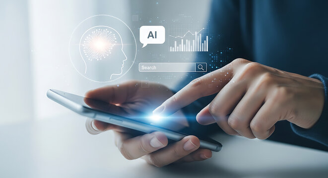 Person using a mobile phone with an artificial intelligence search interface and data analytics.