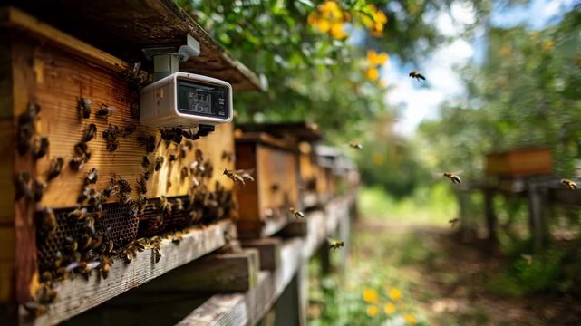 Medium shot of hiveattached sensors capturing realtime data on bee activity and hive conditions in a vibrant apiary setting.