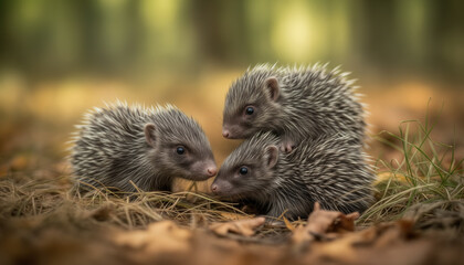 Fototapeta premium Three playful baby porcupines in their natural environment. Porcupettes born with soft, flexible quills.