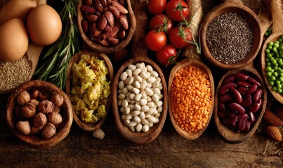 Spoons of nutritious food on wooden table, varied, healthy eating