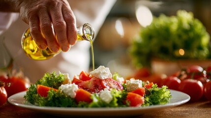 Fresh salad preparation with olive oil being poured over vegetables and cheese in a well-lit kitchen setting