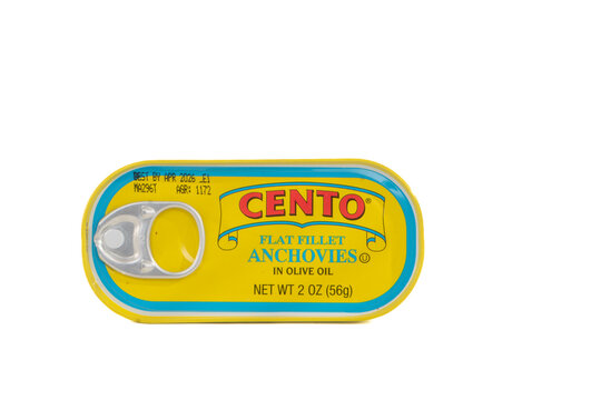 St. Louis, Missouri USA - November 10, 2025: top down view of Cento brand anchovies will pull top tab