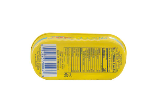 St. Louis, Missouri USA - November 10, 2025: underside of Cento brand can of anchovies, with FDA nutritional information printed on bottom of pull tab single use container of this shelf stable food.