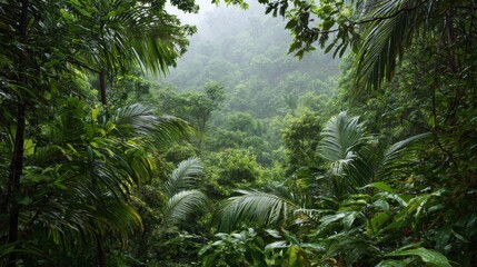 Lush green rainforest landscape captured during a misty early morning in a tropical region