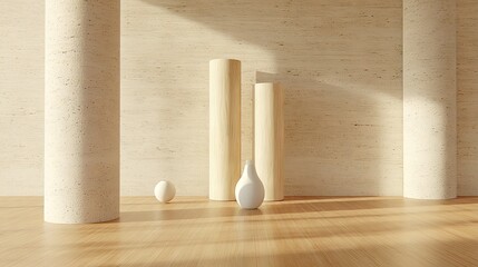 Minimalist interior scene with light beige walls, wooden pillars, and a vase.