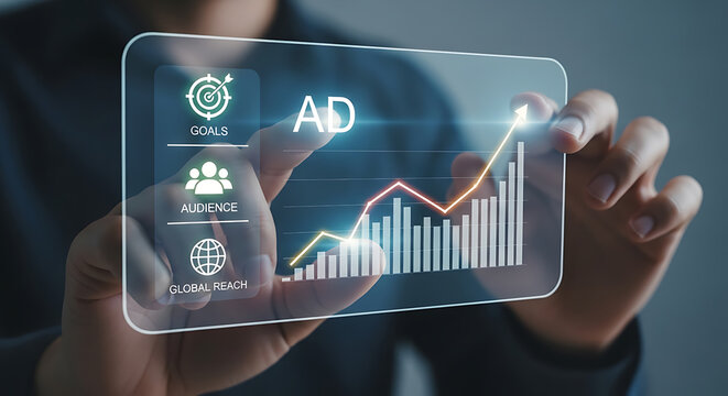 Person holding a digital transparent display showing an advertisement with goals, audience, global reach, and a growing graph.