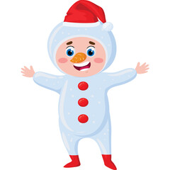 Cute cartoon child wearing a white snowman costume with red buttons and hat with arms outstretched in a playful pose against a transparent background