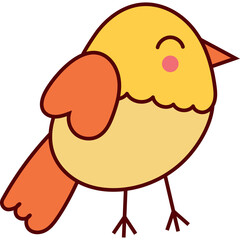 Cute cartoon chick with yellow body and orange wings and tail with closed eyes and pink cheeks on a transparent background