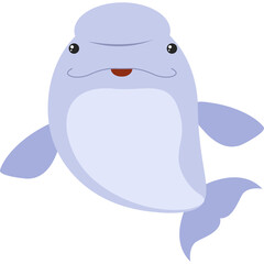 Cute cartoon beluga whale illustration with light blue color and big eyes swimming with transparent background