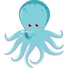 Cute Cartoon Blue Octopus With Pink Accents And Bubbles On Transparent Background