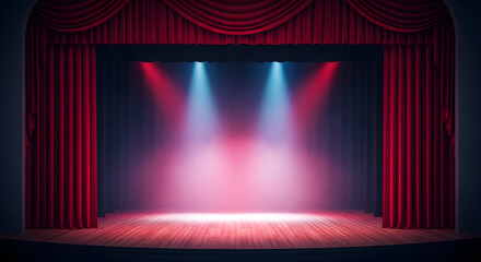Theatrical Spotlight: A captivating theater stage illuminated with vibrant red and blue spotlights, framed by rich red curtains, evoking anticipation and drama.